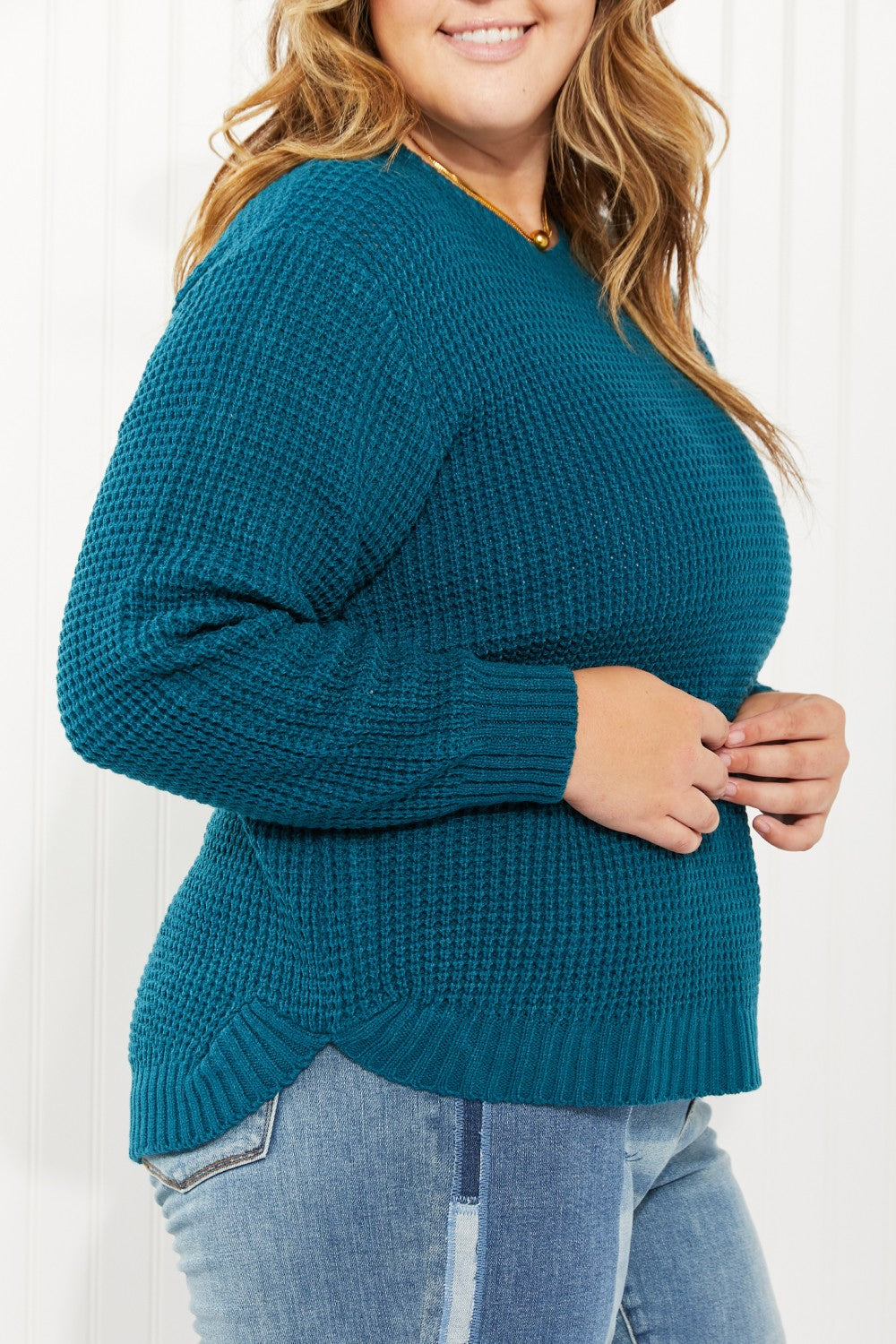 Zenana Autumn is Calling Full Size Waffle Knit Sweater in Teal -