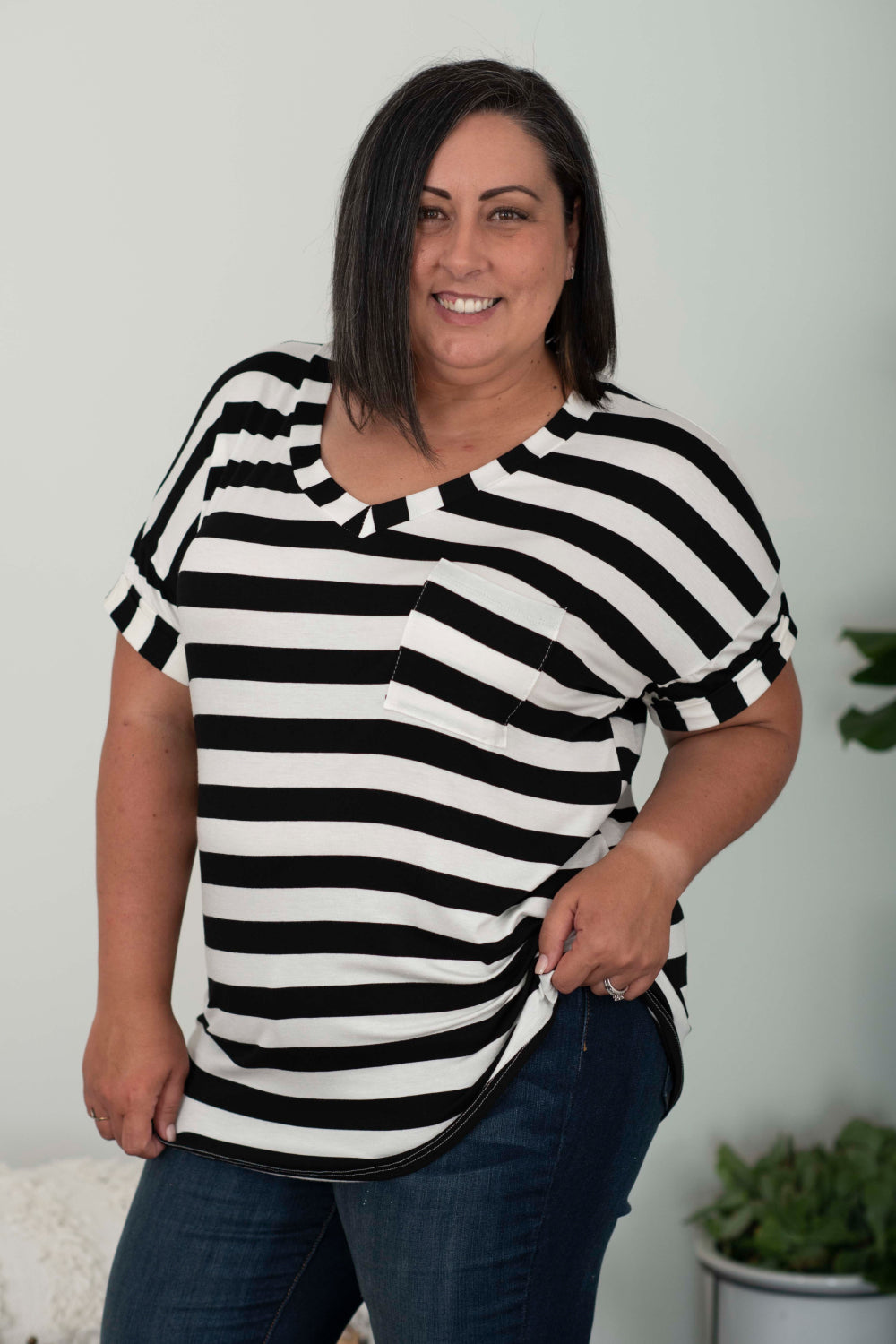 Sew In Love Out and About Striped Pocket Tee in Black and Ivory -