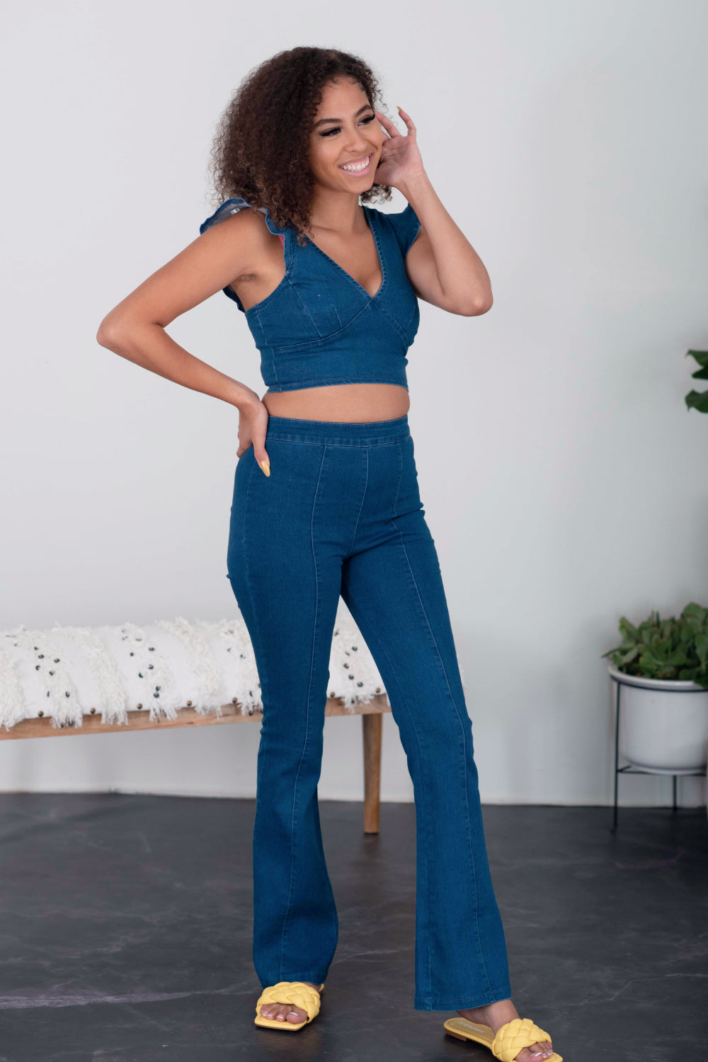 SHOPIRISBASIC One in a Million Denim Crop Top and Flare Pants Set -