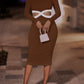 Contrast Cutout Ribbed Bodycon Dress - Brown / S