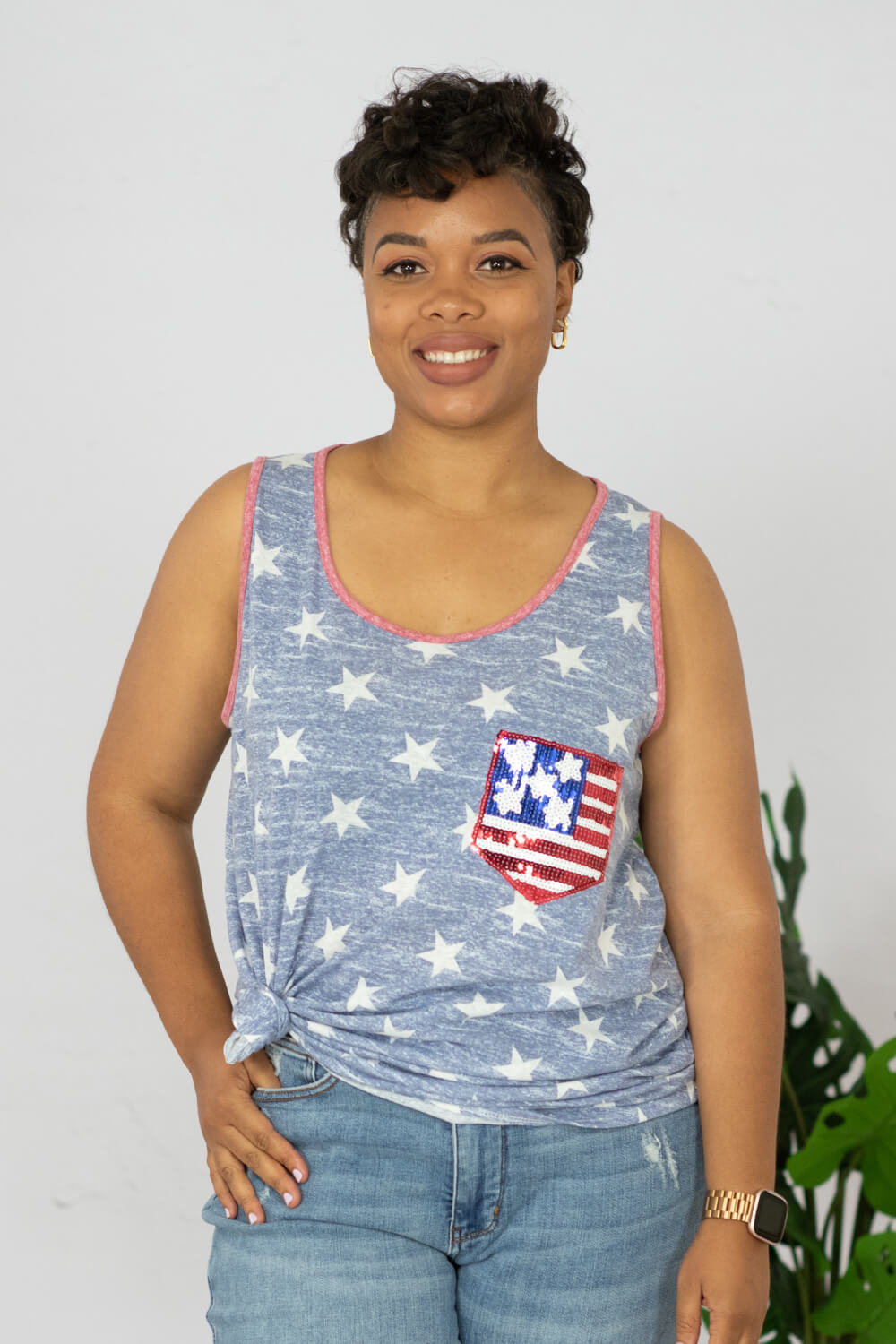 e. Luna Star Spangled Printed Sequin Pocket Tank -