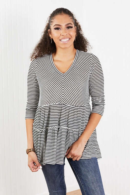 Doe & Rae Full of Love Striped Tiered Top - Black/White / S