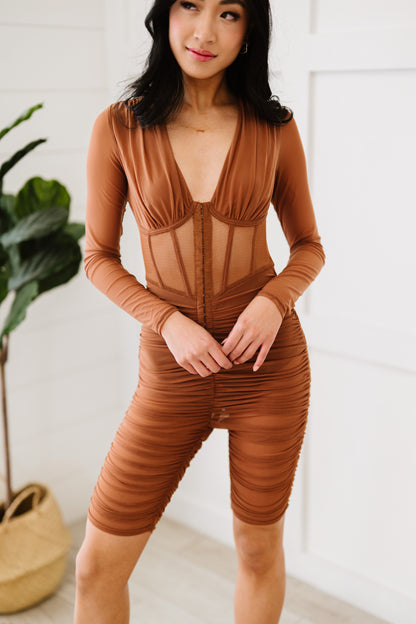 PRIVY Ruched Deep V Romper - Brown / S