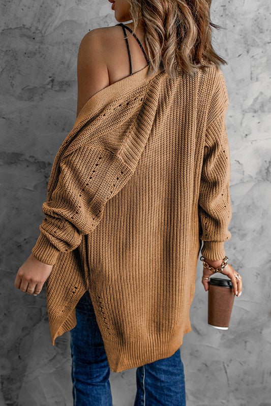 Openwork Rib-Knit Slit Cardigan -