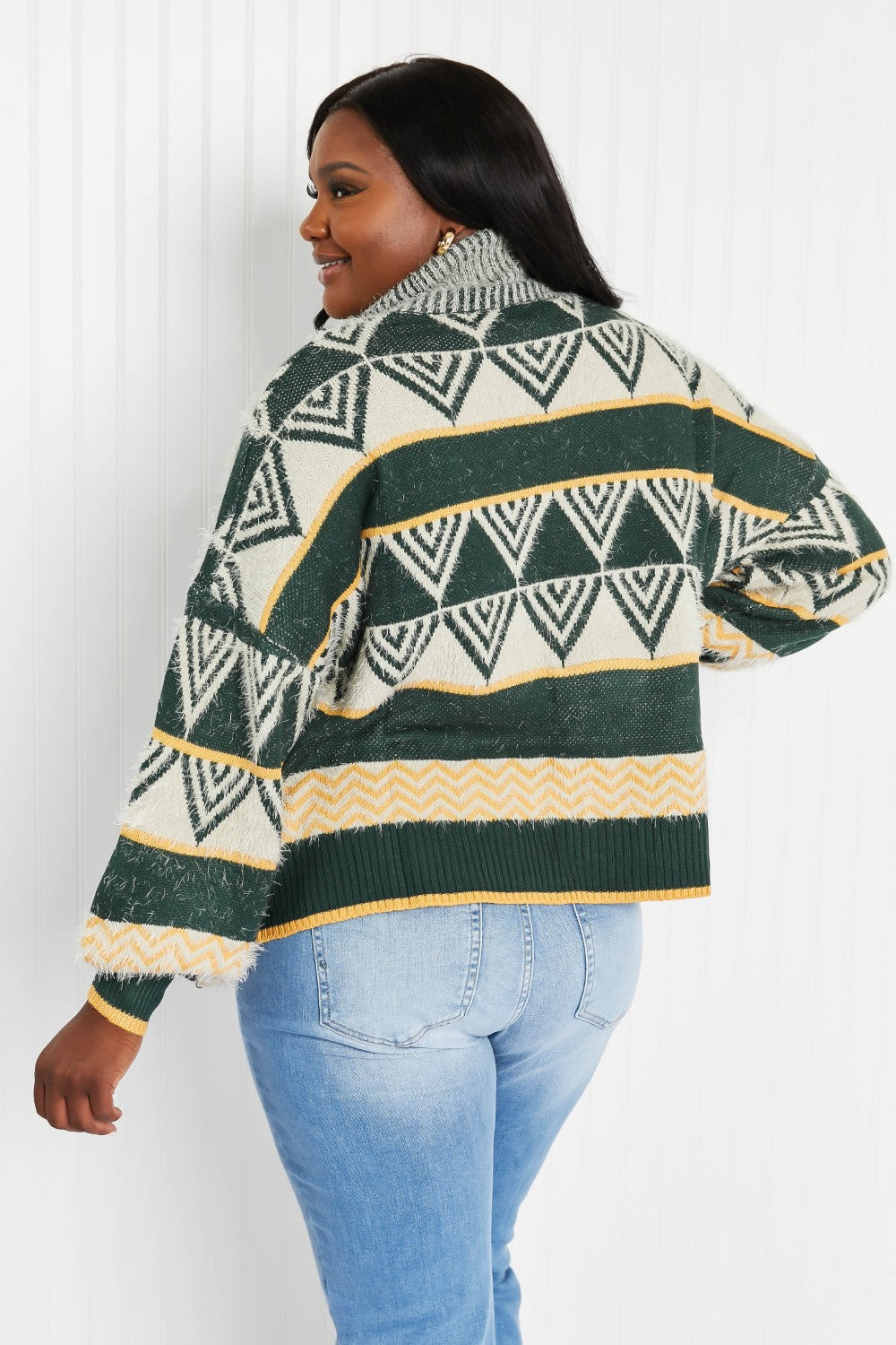 Davi & Dani Cozy Weather Full Size Geometric Fuzzy Turtleneck Sweater in Green -