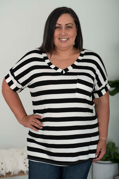 Sew In Love Out and About Striped Pocket Tee in Black and Ivory - Ivory/Black / S