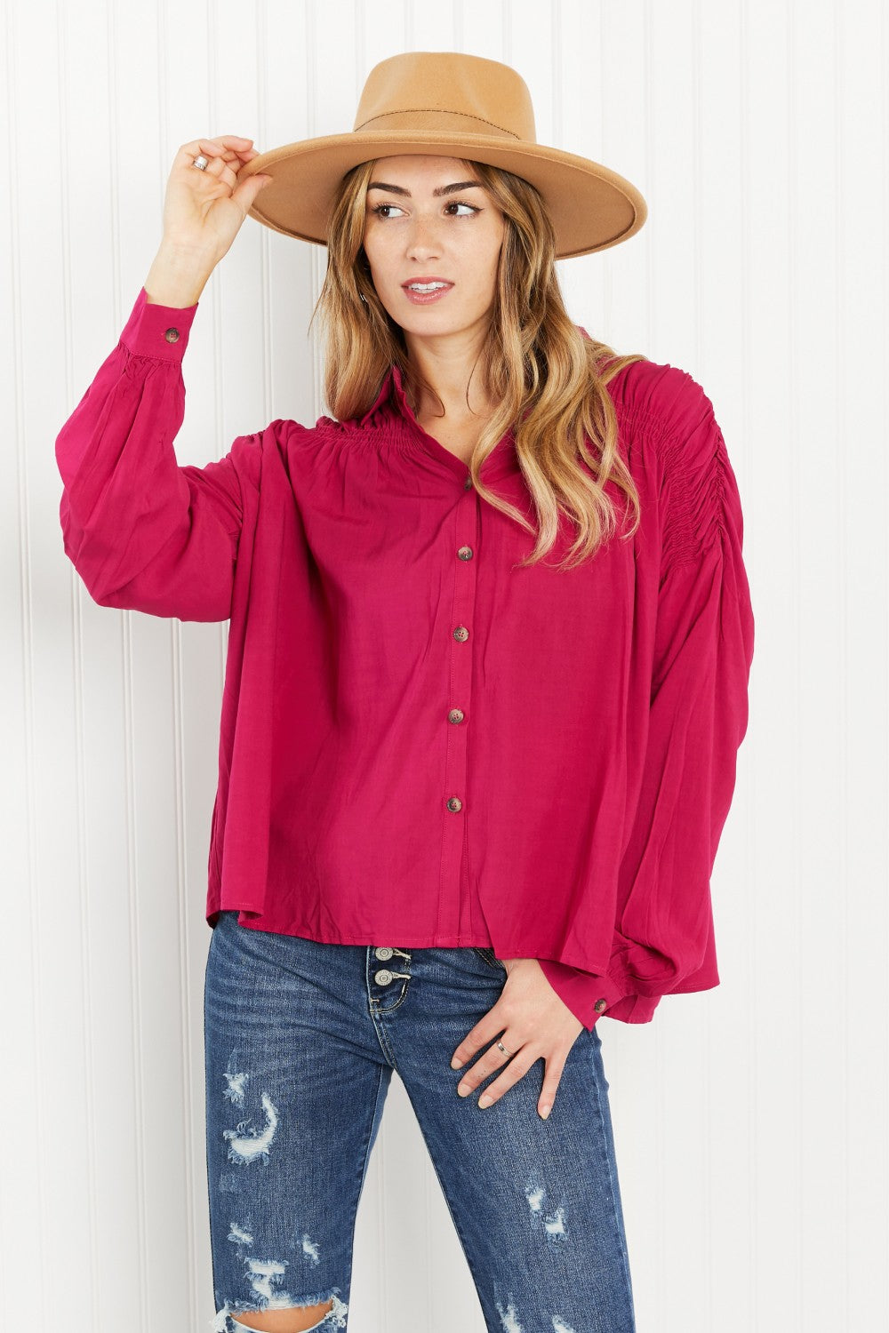 Andree by Unit Delectable Taste Full Size Ruched Detail Button-Down Shirt - Magenta / S