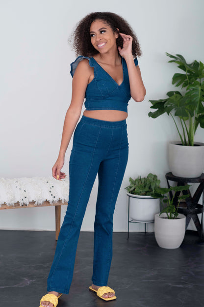 SHOPIRISBASIC One in a Million Denim Crop Top and Flare Pants Set - Dark Denim / S