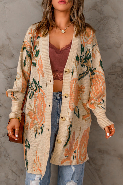 Floral Pattern Ribbed Trim Cardigan - Khaki / S