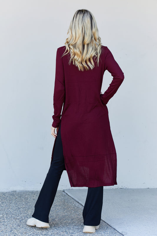 Zenana Autumn Aura Full Size Ribbed Longline Cardigan in Dark Burgundy -