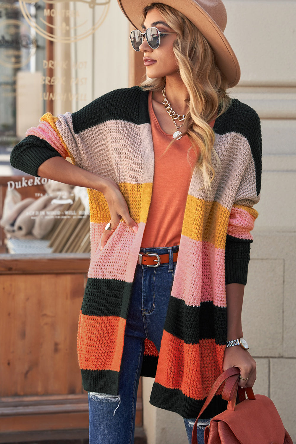 Striped Waffle Knit Open Front Cardigan -