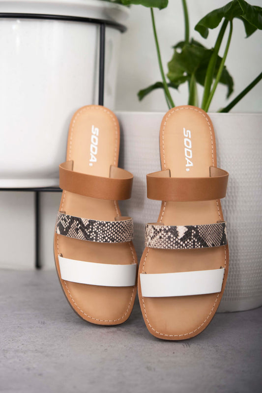 SODA Begin Anew Snakeskin Tri-Strap Sandals -