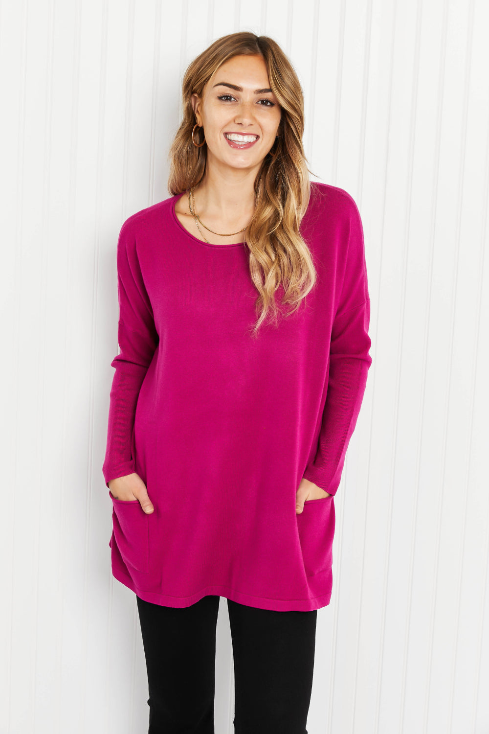 Zenana Autumn On My Mind Front Pocket Sweater - Magenta / S/M