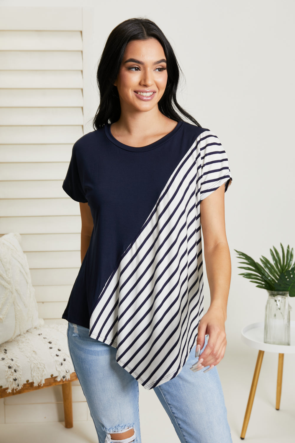 Sew In Love Spoonful of Sugar Striped Color Block Tee in Navy - Navy / S