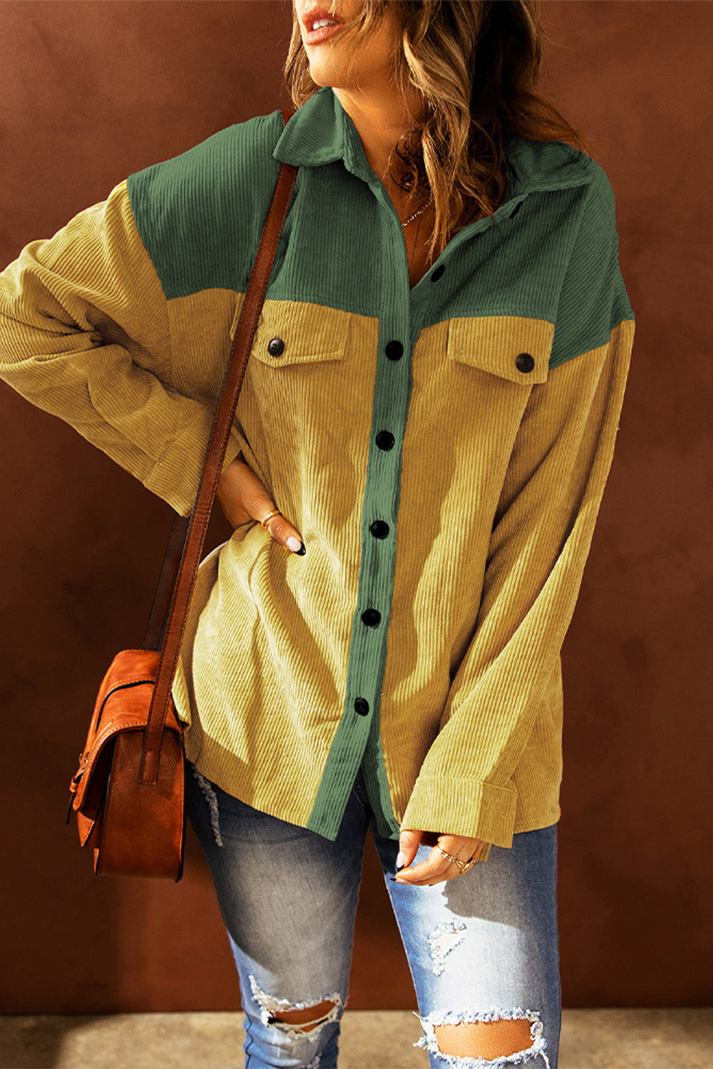 Color Block Button Front Corduroy Shirt Jacket -