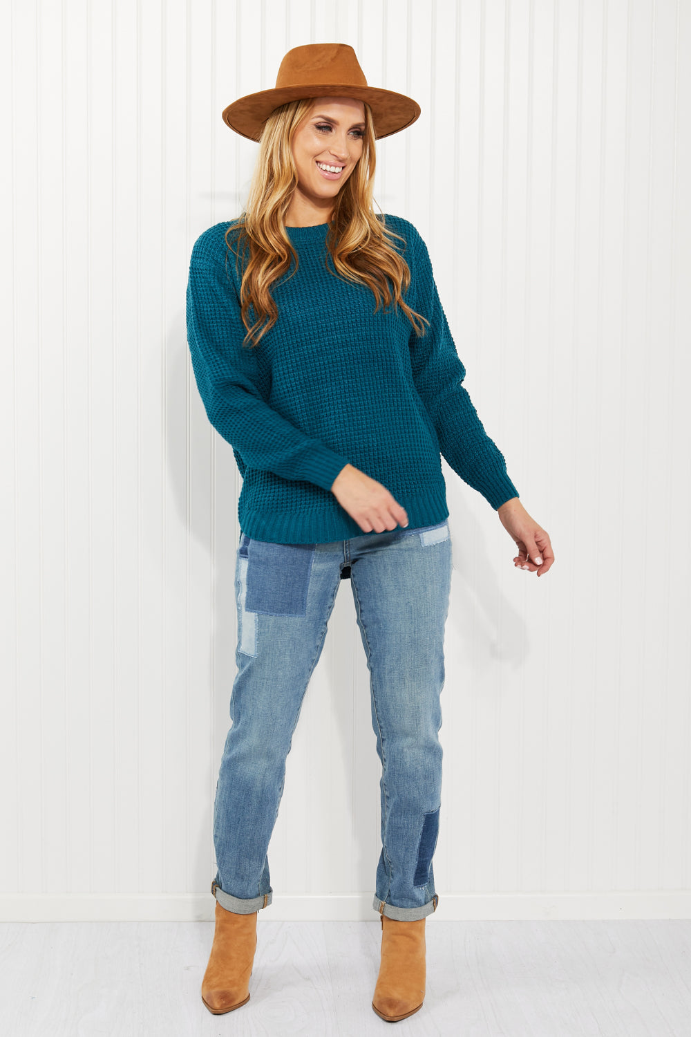 Zenana Autumn is Calling Full Size Waffle Knit Sweater in Teal -