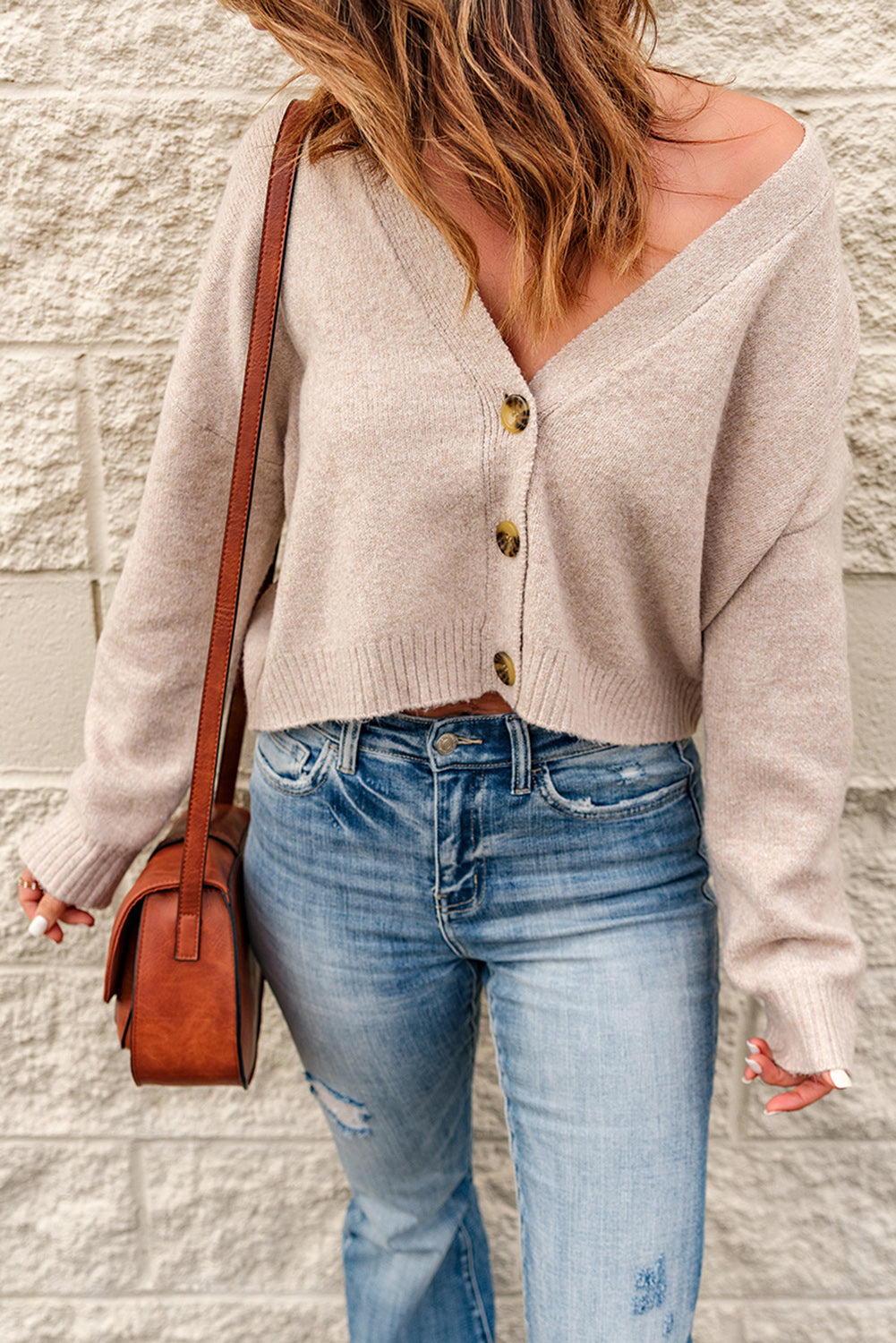 Button Down V-Neck Cropped Cardigan - Beige / S