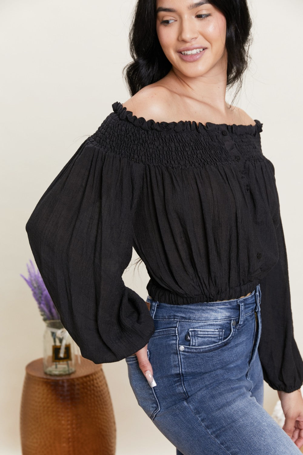 HYFVE Never Too Chic Off-Shoulder Button Front Crop Top -