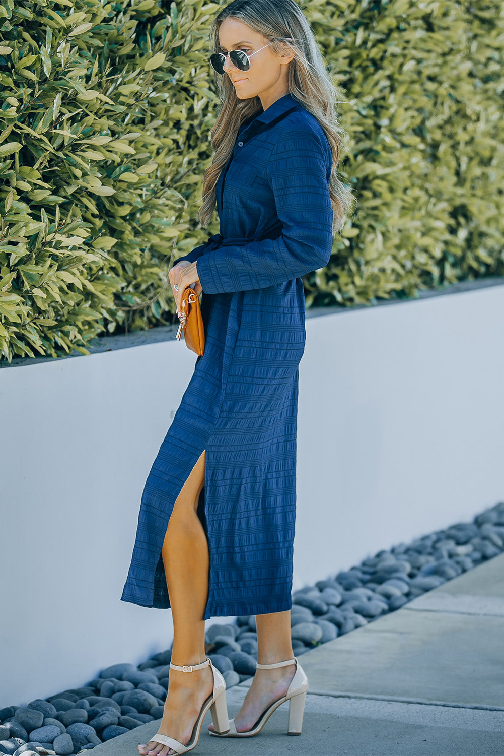 Button Front Textured Slit Shirt Dress with Belt -