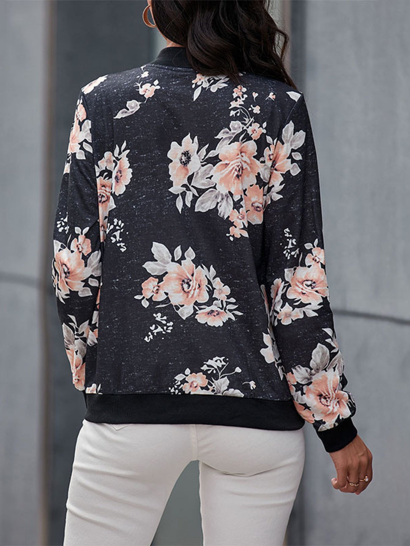 Floral Zip Up Long Sleeve Bomber Jacket -