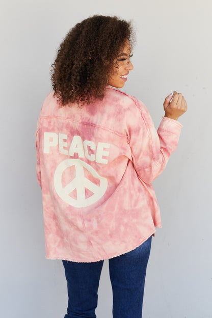 Davi & Dani Peace Sign Tie-Dye Embroidered Patch Shacket - Pink / S