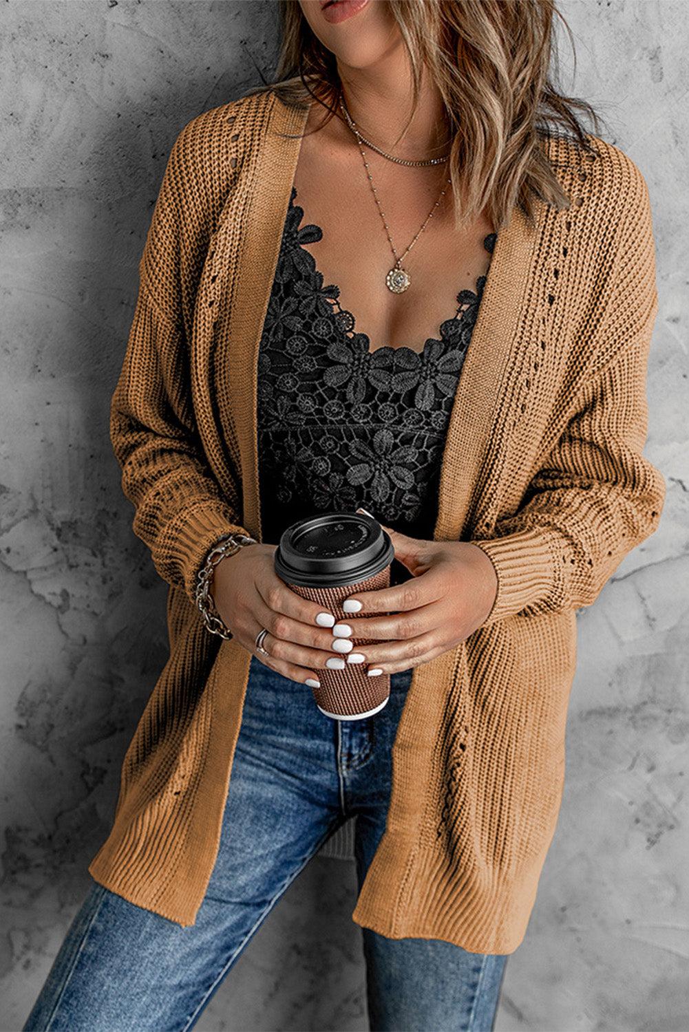 Openwork Rib-Knit Slit Cardigan -