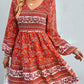 Bohemian V-Neck Balloon Sleeve Dress - Tangerine / S