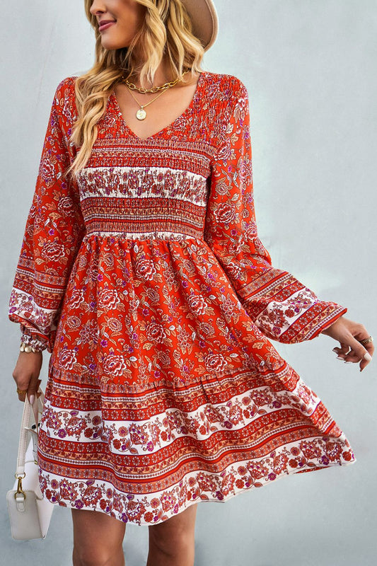 Bohemian V-Neck Balloon Sleeve Dress - Tangerine / S