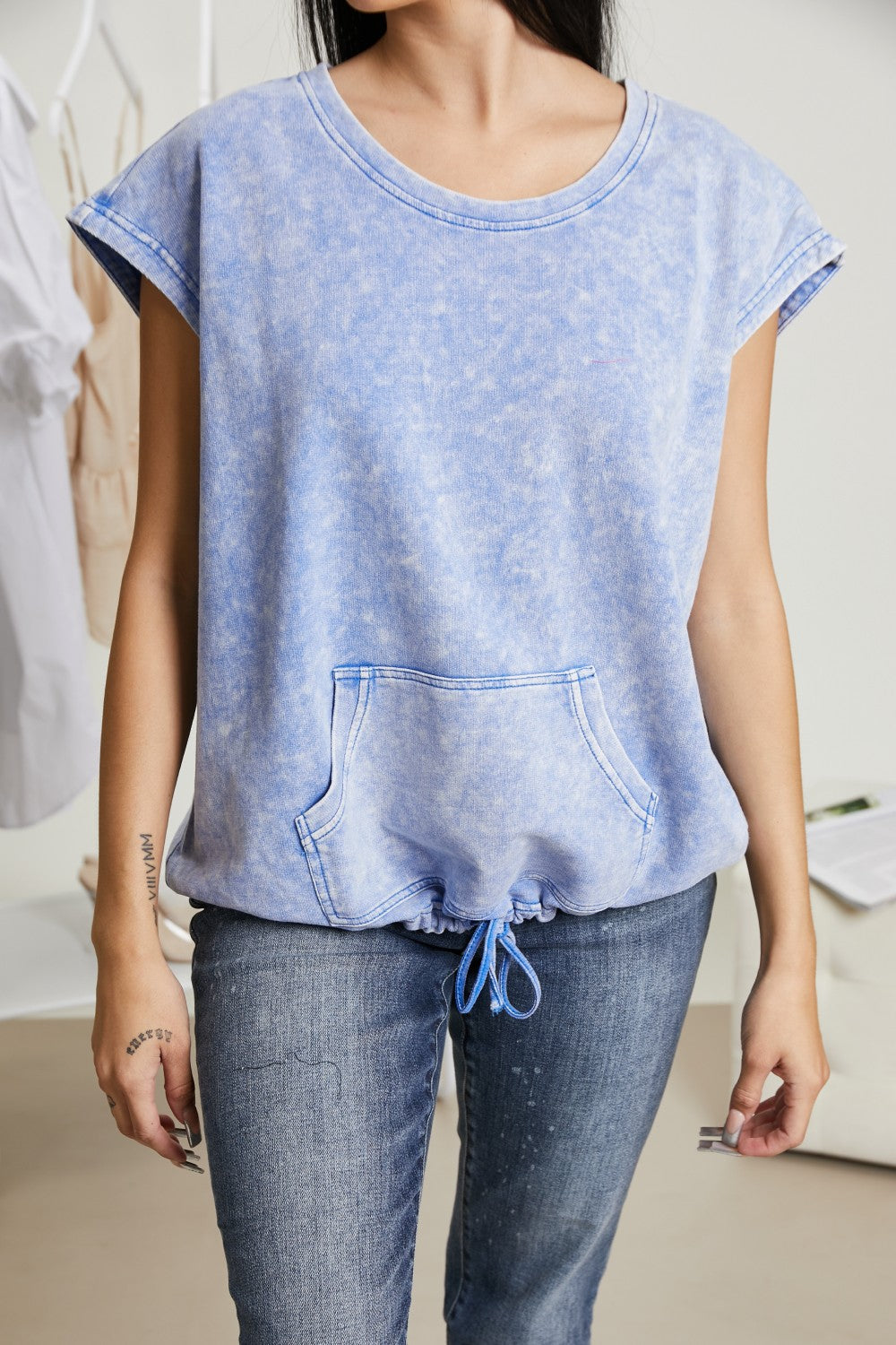 Sew In Love See You Around Acid Wash Pocket Tee in Denim -