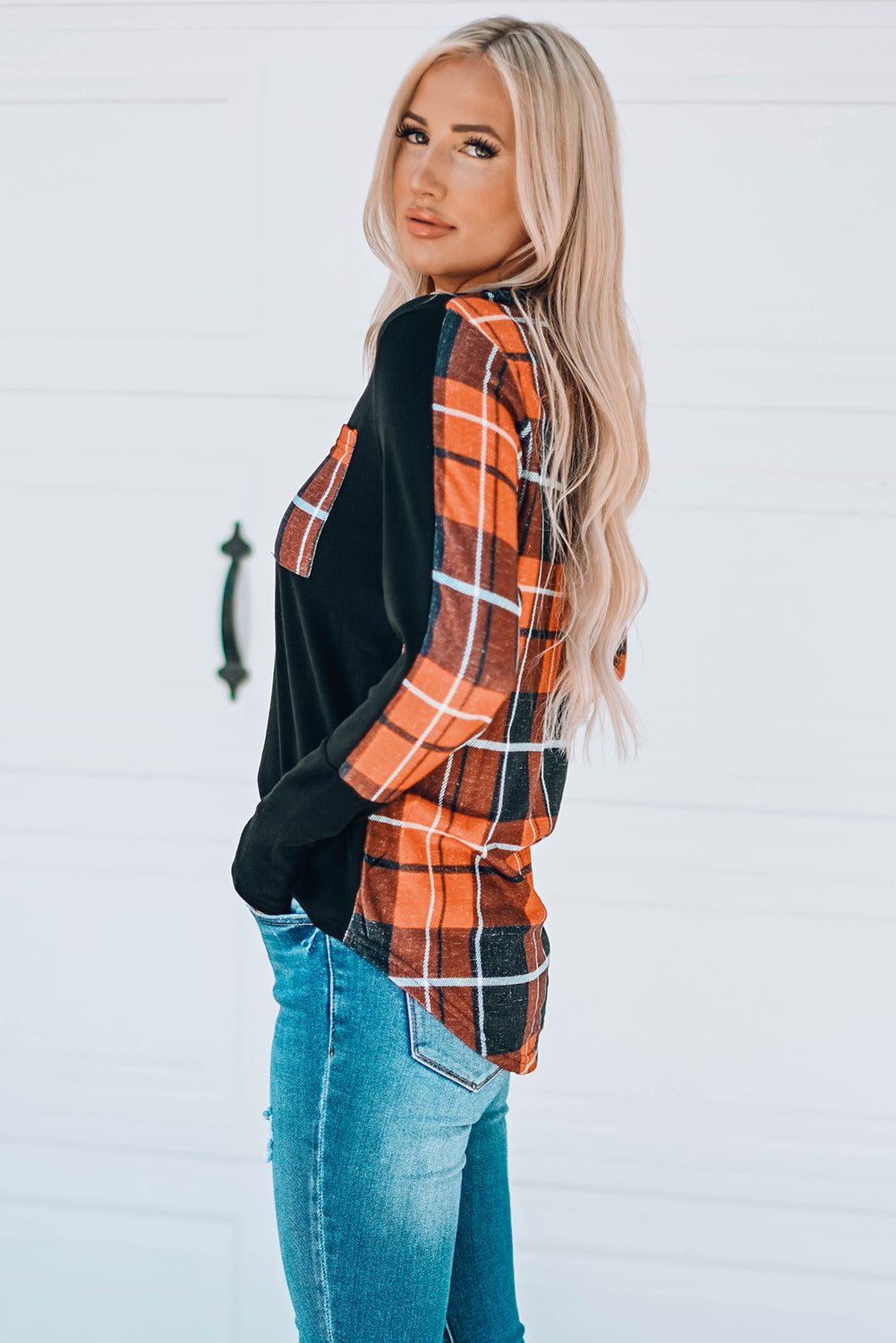 Plaid Round Neck High-Low Top -