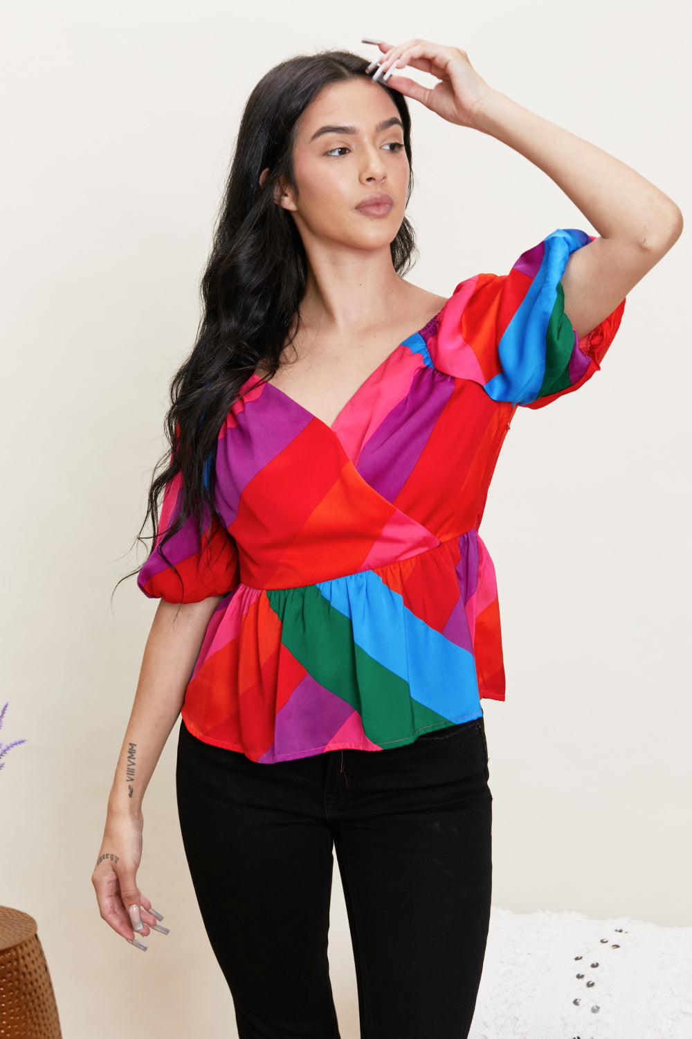 Skies Are Blue Colorful Day Color Block Peplum Top -