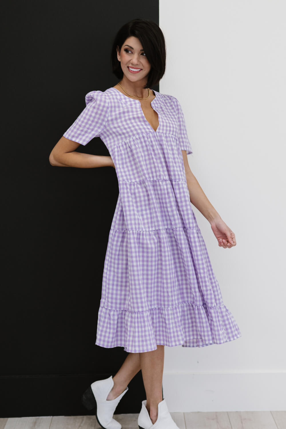 BiBi Slow Dancing Gingham Tiered Midi Dress -