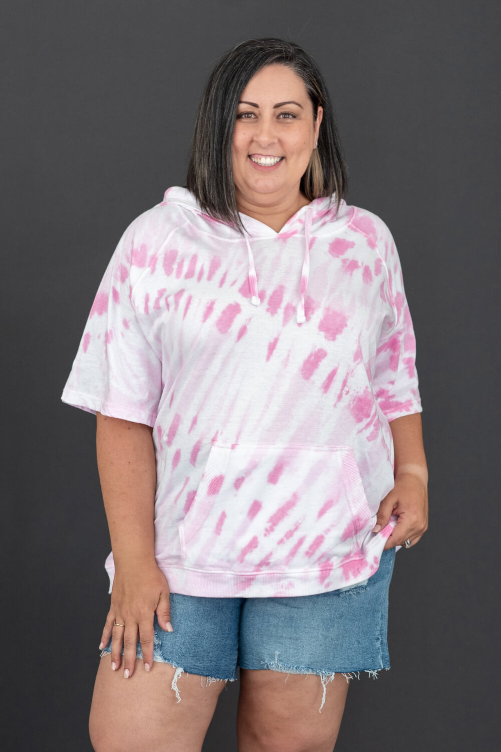 Sew In Love Watching Clouds Tie-Dye Short-Sleeved Hoodie in Neon Pink -