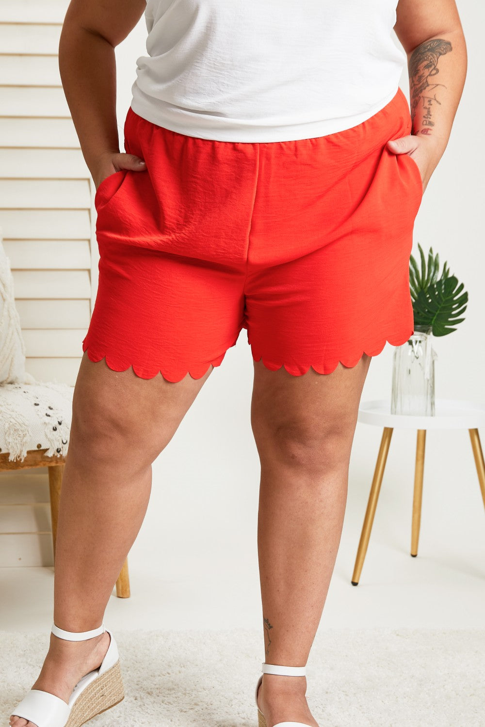 Cotton Bleu Ups and Downs Scalloped Airflow Shorts in Hot Coral -