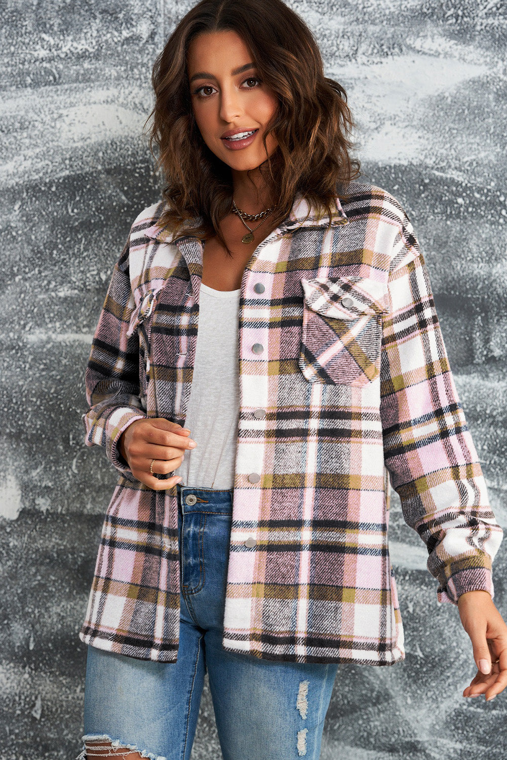 Plaid Button Front Shirt Jacket with Breast Pockets -