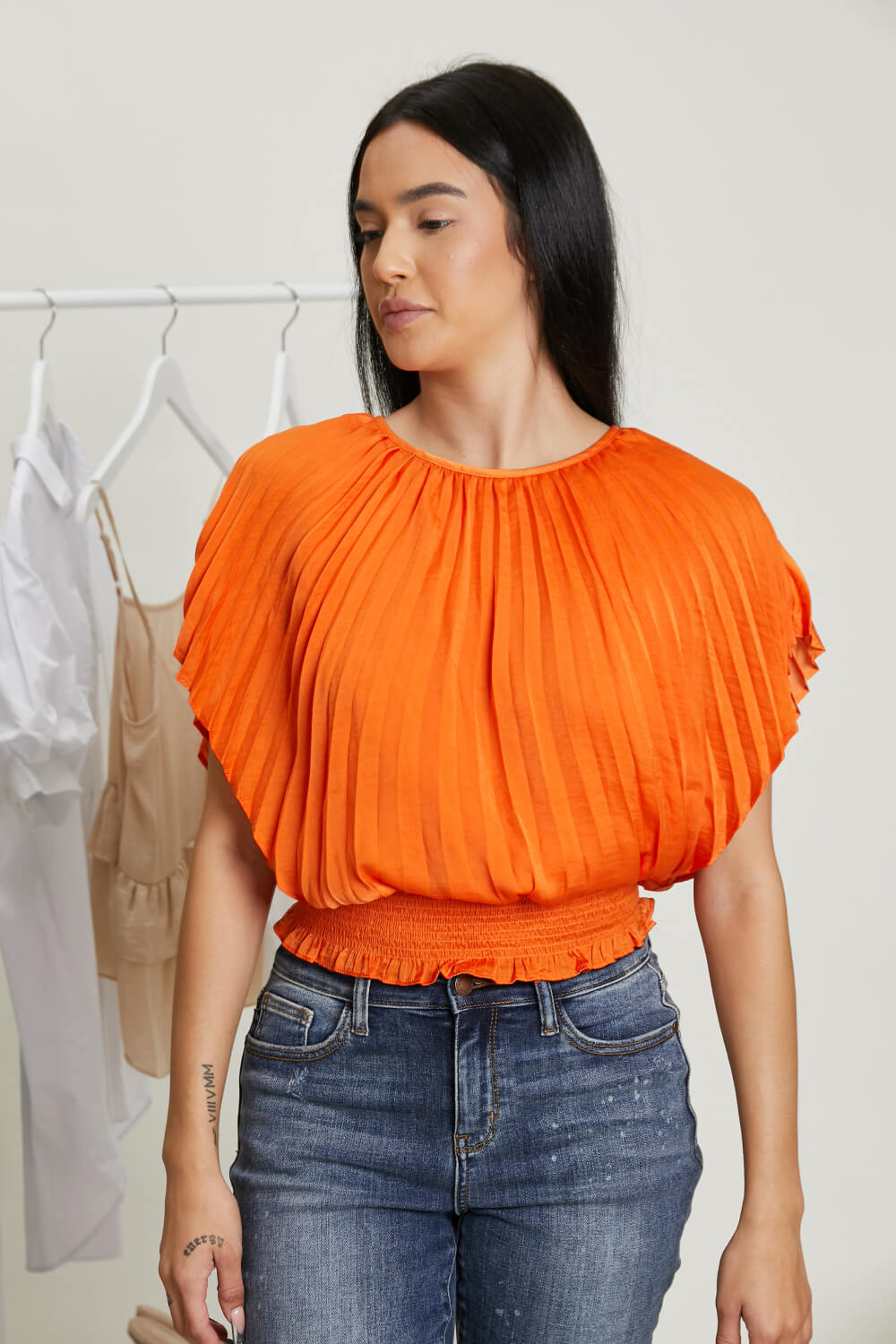 Glam Positively Glowing Pleated Smock Waist Top - Orange / S