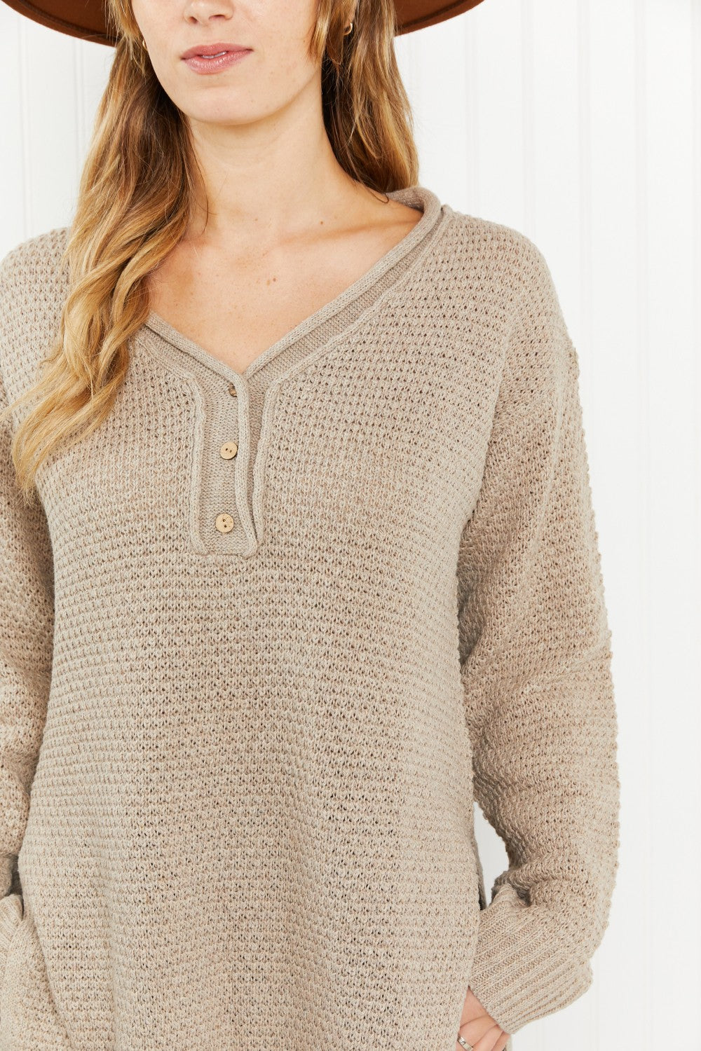 GeeGee Full Size Waffle Knit Henley Sweater -