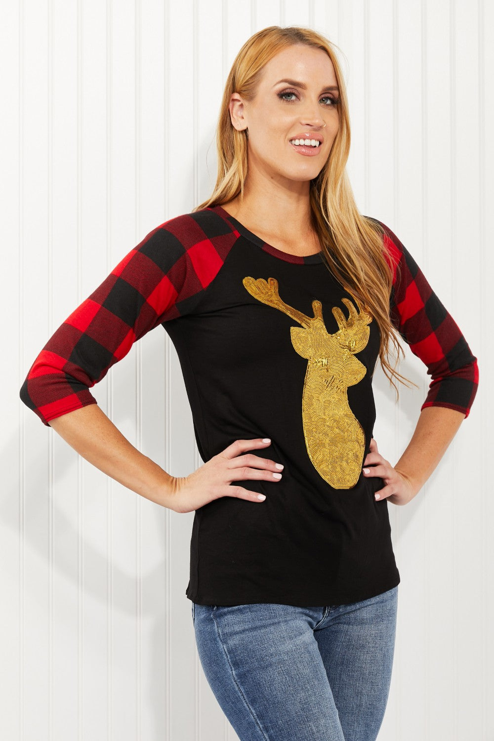 Acting Pro Oh Deer Full Size Sequin Plaid Sleeves Top - Red / S