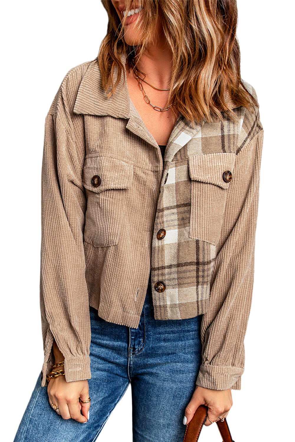 Plaid Corduroy Dropped Shoulder Jacket -