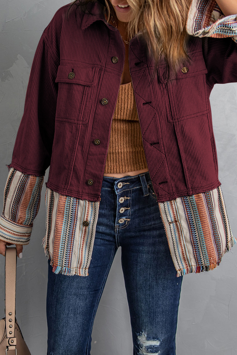 Striped Frayed Hem Corduroy Jacket -