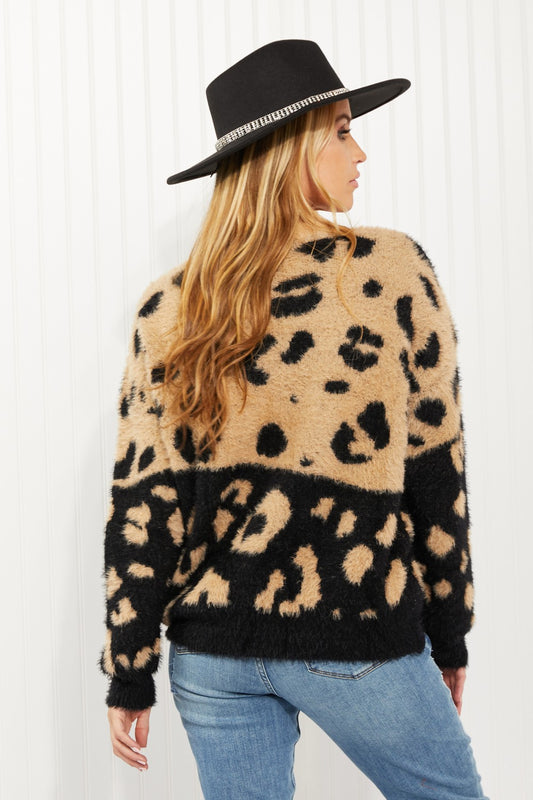 CY Fashion Full Size Leopard V-Neck Fuzzy Sweater -