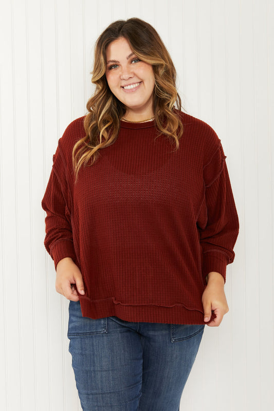 Zenana Alta Heights Full Size Waffle Knit Exposed Seam Sweater - Dk Rust / S/M