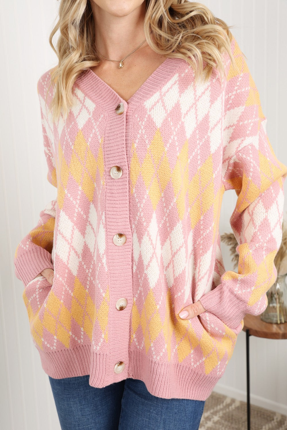 Petal Dew Argyle Button Front Dropped Shoulder Cardigan -