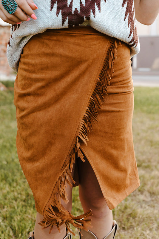 Fringe Trim Wrap Skirt - Brown / S