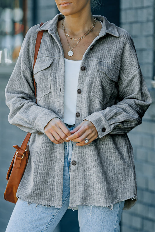 Textured Button Down Shirt Jacket with Pockets - Gray / S