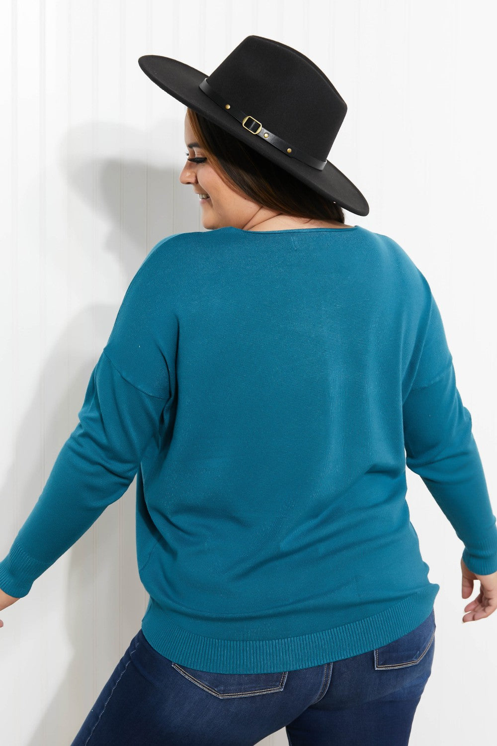 Zenana Hello Fall Center Seam Sweater in Teal -