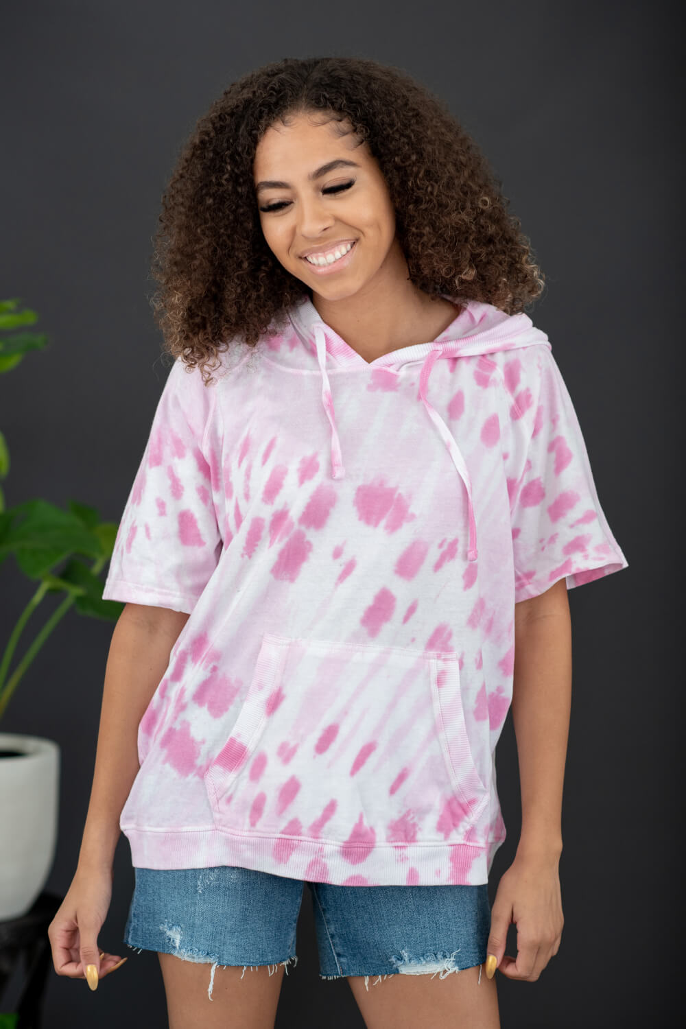 Sew In Love Watching Clouds Tie-Dye Short-Sleeved Hoodie in Neon Pink - Neon Pink / S