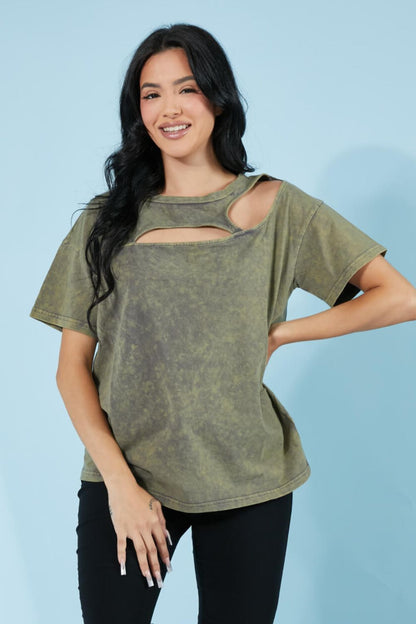 BiBi Best-Kept Secret Acid Wash Cutout Tee in Vintage Olive - Vintage Olive / S