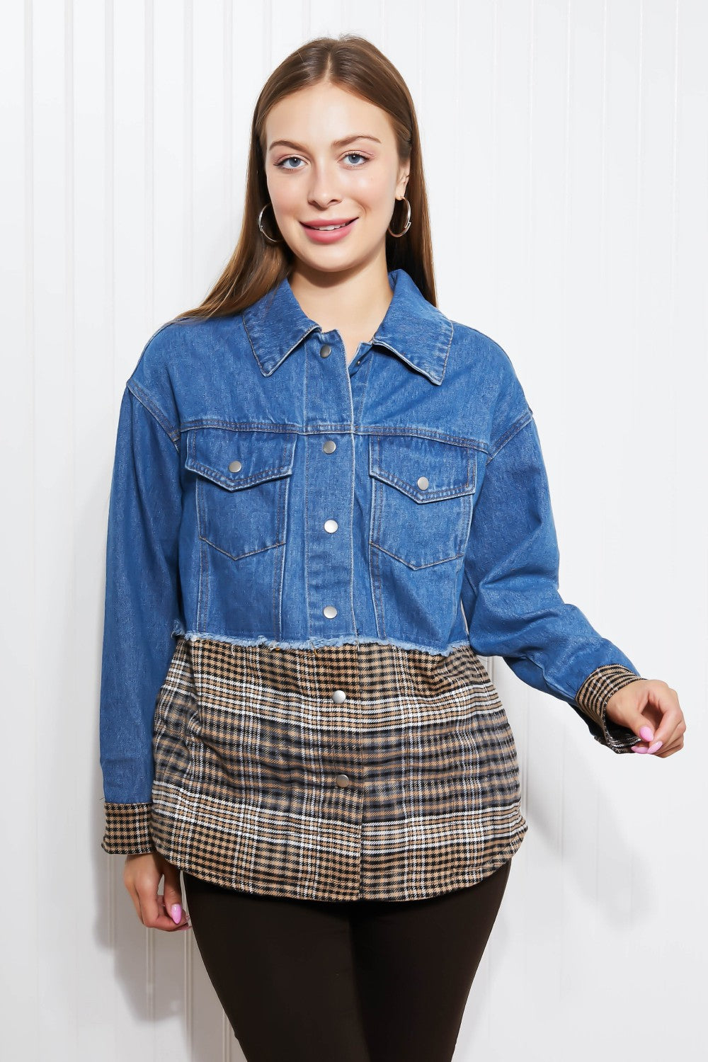 CY Fashion Porch Views Plaid Spliced Denim Jacket -