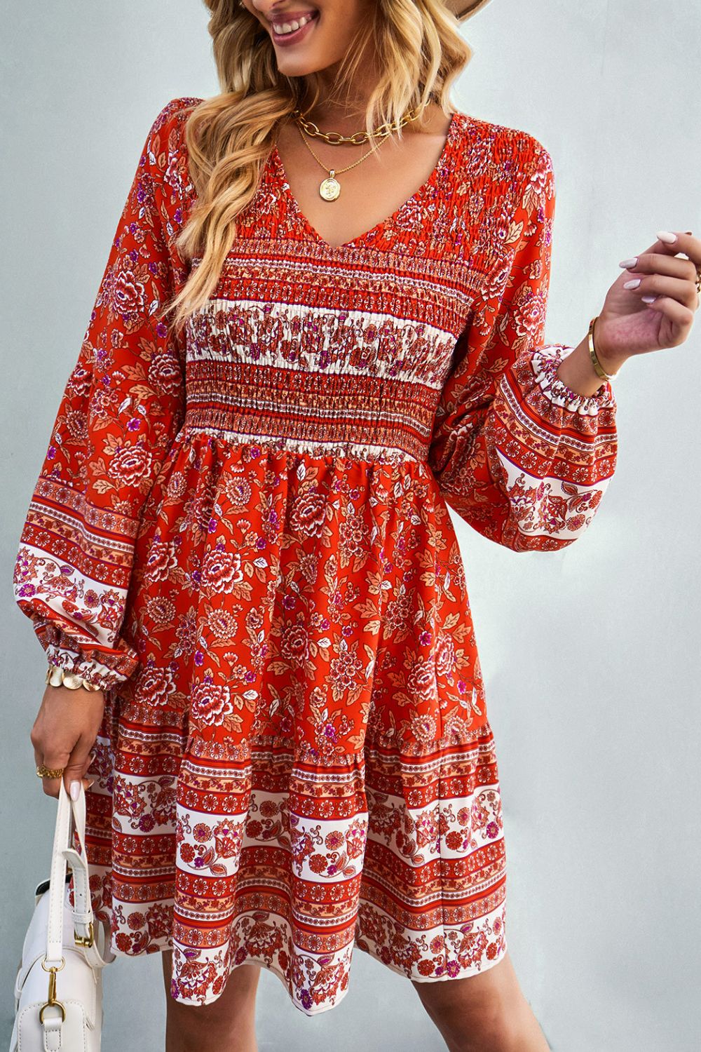 Bohemian V-Neck Balloon Sleeve Dress -